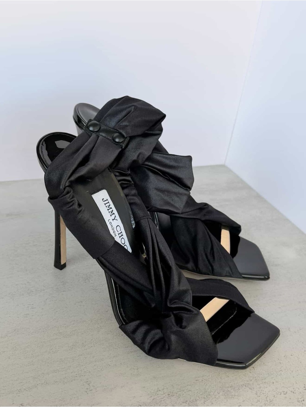 Jimmy Choo Black Satin Ruched Strap Stiletto Sandals